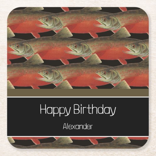 モノグラムモダンフィッシュサーモンデザイン白黒赤 スクエアペーパーコースター (正面)