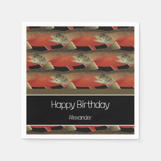 モノグラムモダンフィッシュサーモンデザイン白黒赤 スタンダードカクテルナプキン (正面)