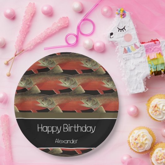 モノグラムモダンフィッシュサーモンデザイン白黒赤 ペーパープレート (パーティー)