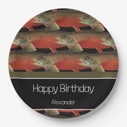 モノグラムモダンフィッシュサーモンデザイン白黒赤 ペーパープレート (正面)