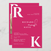 モノグラムモダンブライトはっきりしたピンク写真 招待状 (正面/裏面)