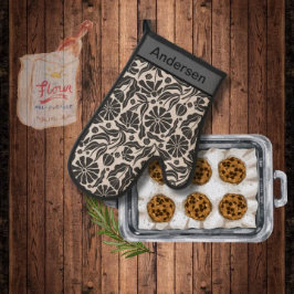 モノグラムモダンブラックベージュフラワーパターンキッチン 鍋つかみ