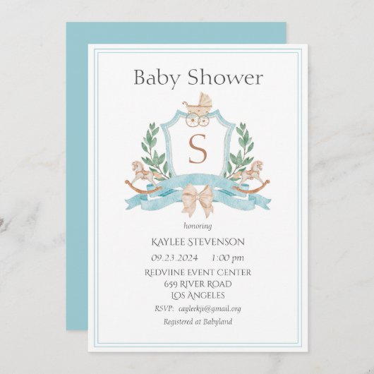 モノグラムモダンブルークレストグリーンリーベビー 招待状 (正面/裏面)