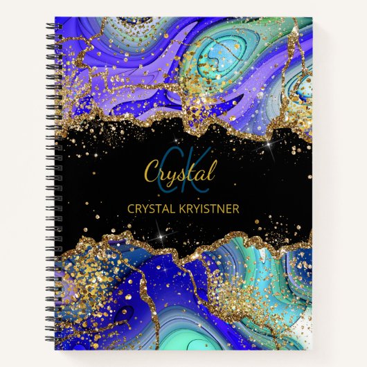 モノグラムモダンブルーグリーンゲートグリッターノート ノートブック (正面)