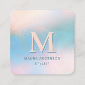 モノグラムモダンブルーピーチティール（緑がかった色）ホロエレガントシック スクエア名刺 (正面)