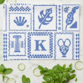 モノグラムモダンブルー白抽象芸術パターン キッチンタオル (折り畳み)