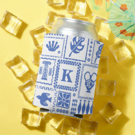 モノグラムモダンブルー白抽象芸術パターン 缶クーラー