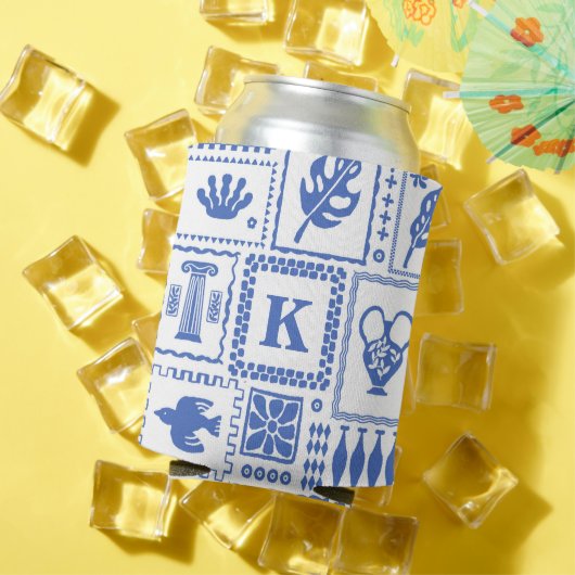 モノグラムモダンブルー白抽象芸術パターン 缶クーラー (インサイチュ 夏)