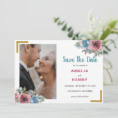 モノグラムモダンブルー&ピンクフローラフォト結婚ズ セーブザデート (スタンド正面)