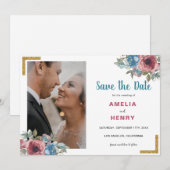 モノグラムモダンブルー&ピンクフローラフォト結婚ズ セーブザデート (正面/裏面)