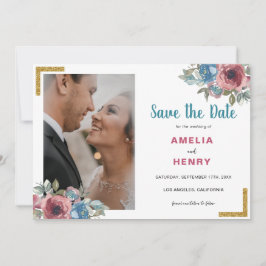 モノグラムモダンブルー&ピンクフローラフォト結婚ズ セーブザデート