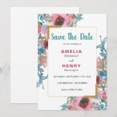 モノグラムモダンブルー&ピンクフローラ結婚ズ セーブザデート (正面/裏面)