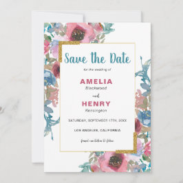 モノグラムモダンブルー&ピンクフローラ結婚ズ セーブザデート