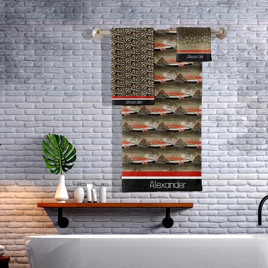 モノグラムモダンマス魚デザイン白黒錆 バスタオルセット