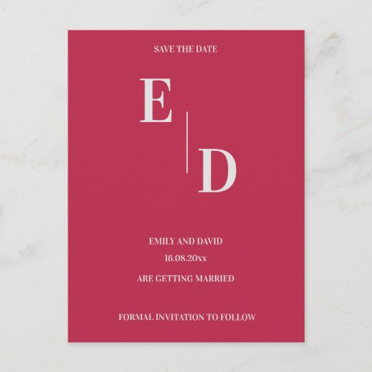 モノグラムモダンマゼンタウェディング日付の保存 案内ポストカード (正面)