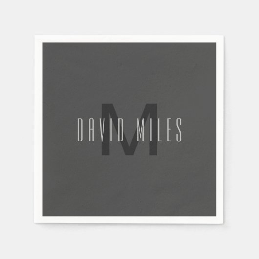 モノグラムモダンミニマルデザイン編集可能ダークグレー スタンダードカクテルナプキン (正面)