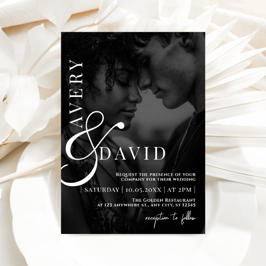 モノグラムモダンミニマ結婚リストの黒写真 招待状