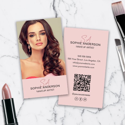 モノグラムモダンメイクアップアーティスト写真ピンク 名刺