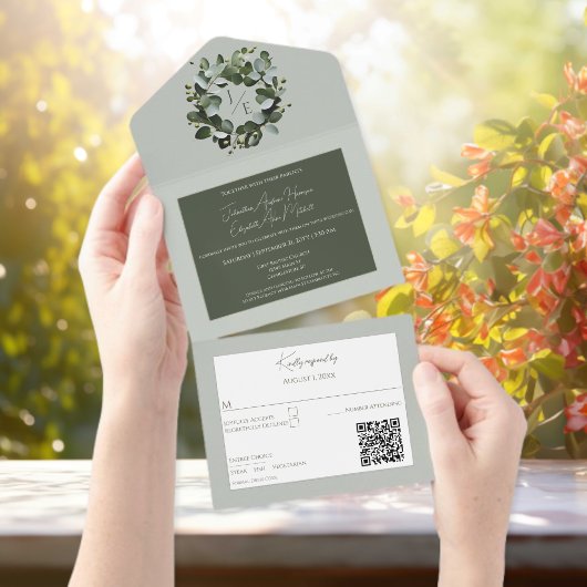 モノグラムモダンユーカリリースセージグリーン オールインワン招待状