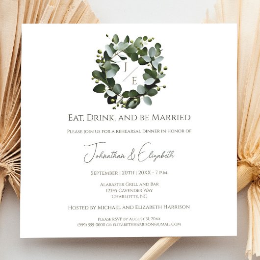 モノグラムモダンユーカリリースリハーサルディナー 招待状