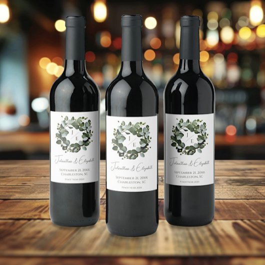 モノグラムモダンユーカリリース結婚ズ | ヘビーホワイト ワインラベル