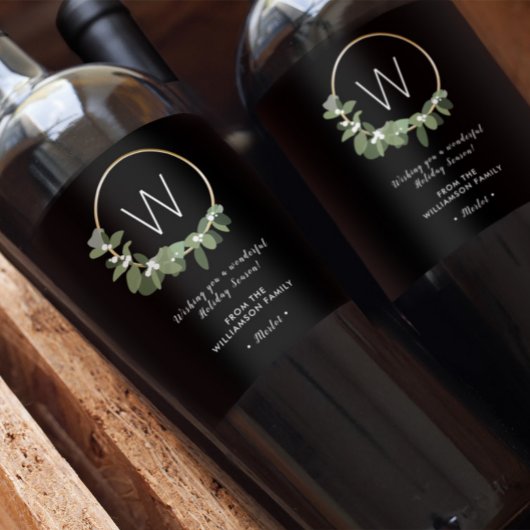 モノグラムモダンリースパーソナライズされたクリスマス ワインラベル