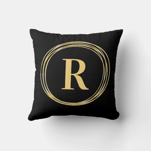 モノグラムモダンレターイニシャルブラック金ゴールド円 クッション (裏面)