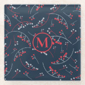 モノグラムモダンレッド・グレー・ネイビー・ベリーパターン ガラスコースター (正面)