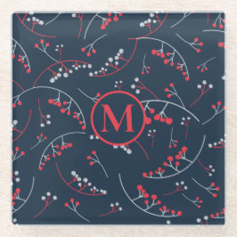 モノグラムモダンレッド・グレー・ネイビー・ベリーパターン ガラスコースター