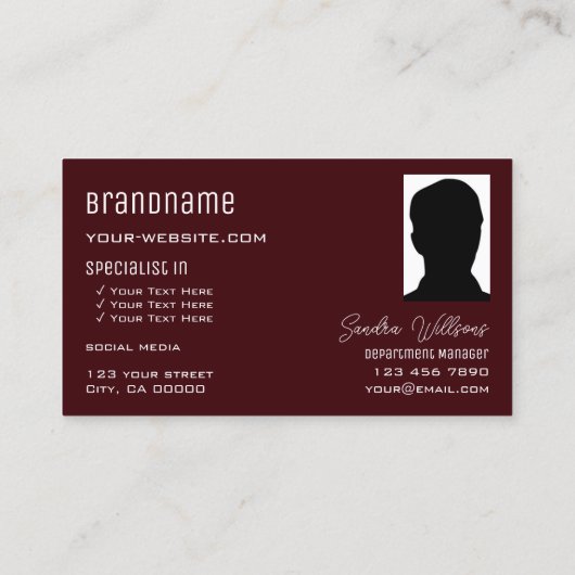 モノグラムモダンロゴと写真が入った赤いブルゴーニュ 名刺 (裏面)