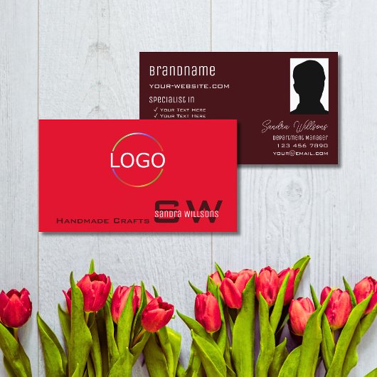 モノグラムモダンロゴと写真が入った赤いブルゴーニュ 名刺