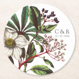 モノグラムモダンヴィンテージホワイトクリスマスバラ ラウンドペーパーコースター