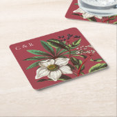 モノグラムモダンヴィンテージレッドクリスマスバラ スクエアペーパーコースター (アングル)