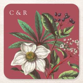 モノグラムモダンヴィンテージレッドクリスマスバラ スクエアペーパーコースター