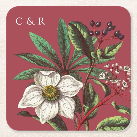 モノグラムモダンヴィンテージレッドクリスマスバラ スクエアペーパーコースター (正面)
