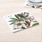 モノグラムモダンヴィンテージレッドクリスマスバラ スクエアペーパーコースター (アングル)