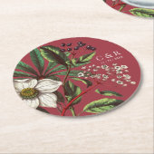 モノグラムモダンヴィンテージレッドクリスマスバラ ラウンドペーパーコースター (アングル)