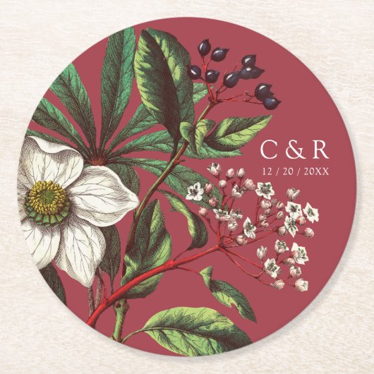 モノグラムモダンヴィンテージレッドクリスマスバラ ラウンドペーパーコースター (正面)