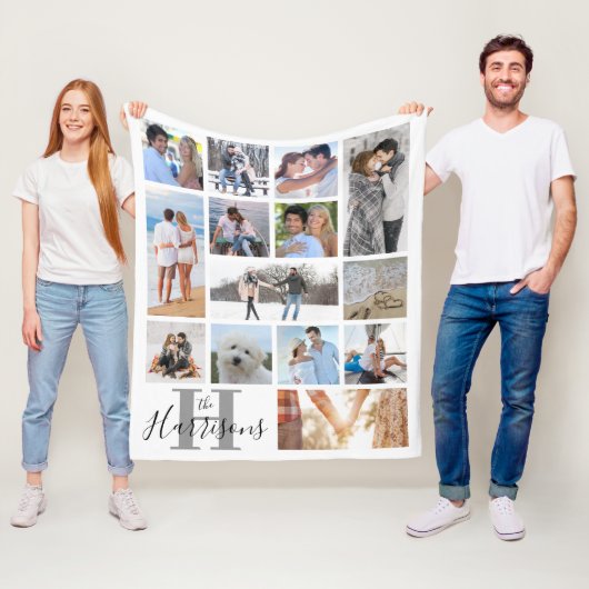 モノグラムモダン名14フォトコラージホワイトフリース フリースブランケット (インサイチュ)