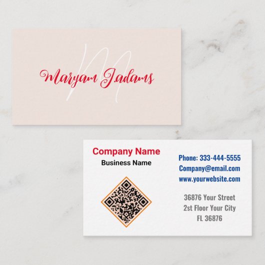 モノグラムモダン名 – QRミニマル赤面ピンク 名刺 (正面/裏面)