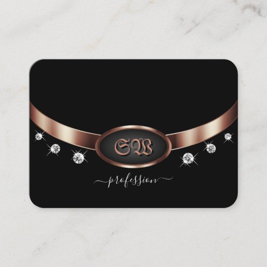 モノグラムモダン宝石と黒とバラの金ゴールド 名刺 (正面)