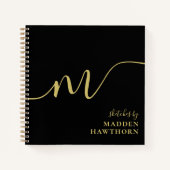 モノグラムモダン書道ブラック金ゴールドスケッチブック ノートブック (正面)