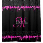 モノグラムモダン滴下グリッターブラックホットピンク シャワーカーテン (正面)