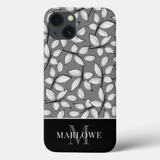 モノグラムモダン白黒グレーリーフパターン Case-Mate iPhoneケース (裏面)
