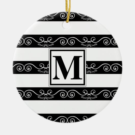 モノグラムモダン白黒ストライプの セラミックオーナメント (正面)
