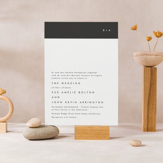 モノグラムモダン白黒予算の結婚式の招待