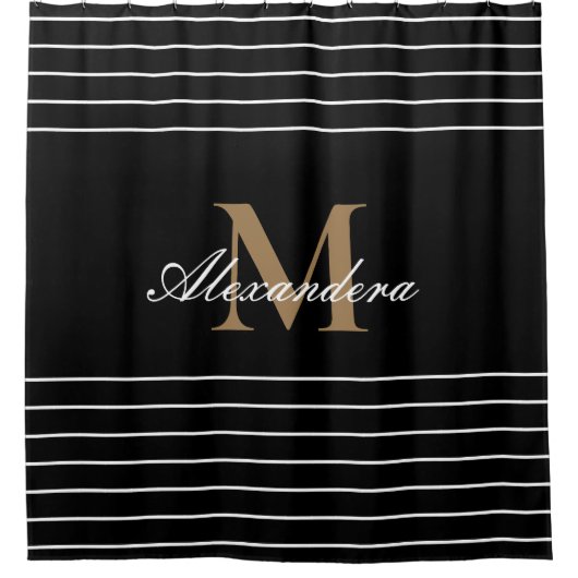 モノグラムモダン白黒金ゴールドエレガントストライプ シャワーカーテン (正面)