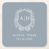 モノグラムモダン結婚ダスティブルークレスト スクエアペーパーコースター (正面)