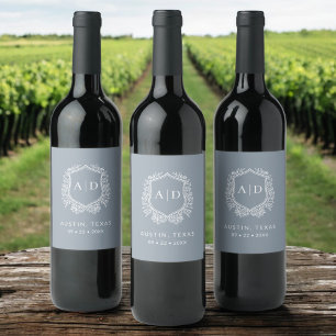 モノグラムモダン結婚ダスティブルークレスト ワインラベル