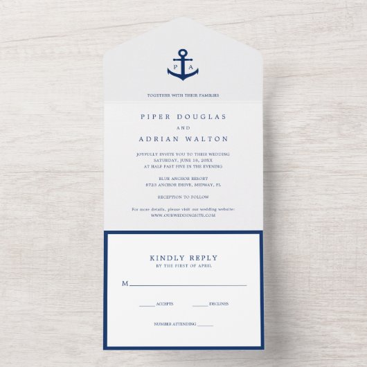 モノグラムモダン航海のいかりエレガントな結婚式 オールインワン招待状 (内側)